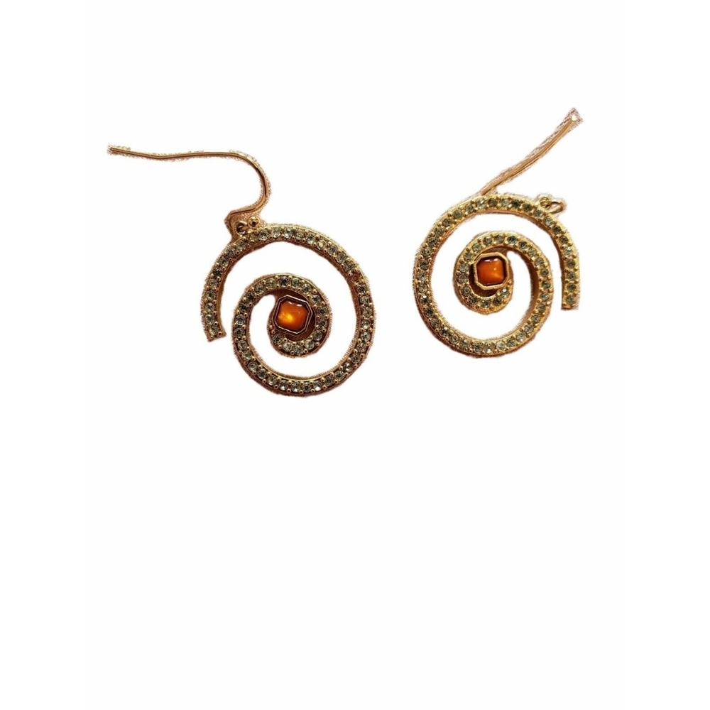 Vtg 80’s Goldtone Orange Amber Spiral Rhinestone Dangle Drop Wire Hook Earrings